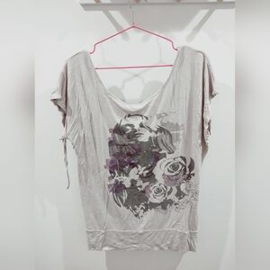 Gray and Purple Graphic Blouse with Cut Out Design